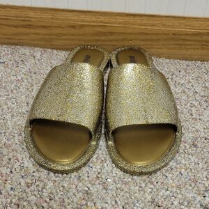 Melissa, women's Gold Glitter Slide Sandals. Euro Sz 36/US 7. summer beach swim